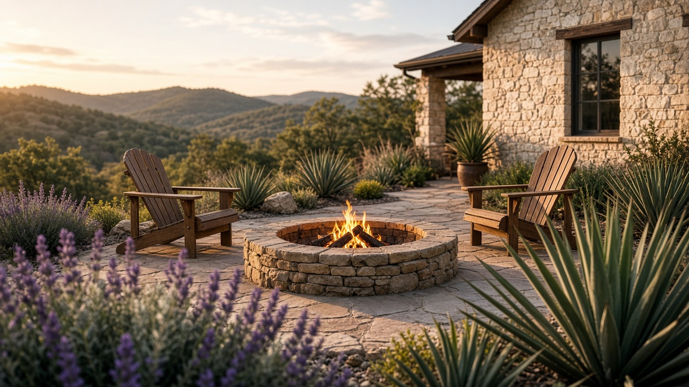 Stone fire pit and Adirondack chairs in a Texas Hill Country backyard